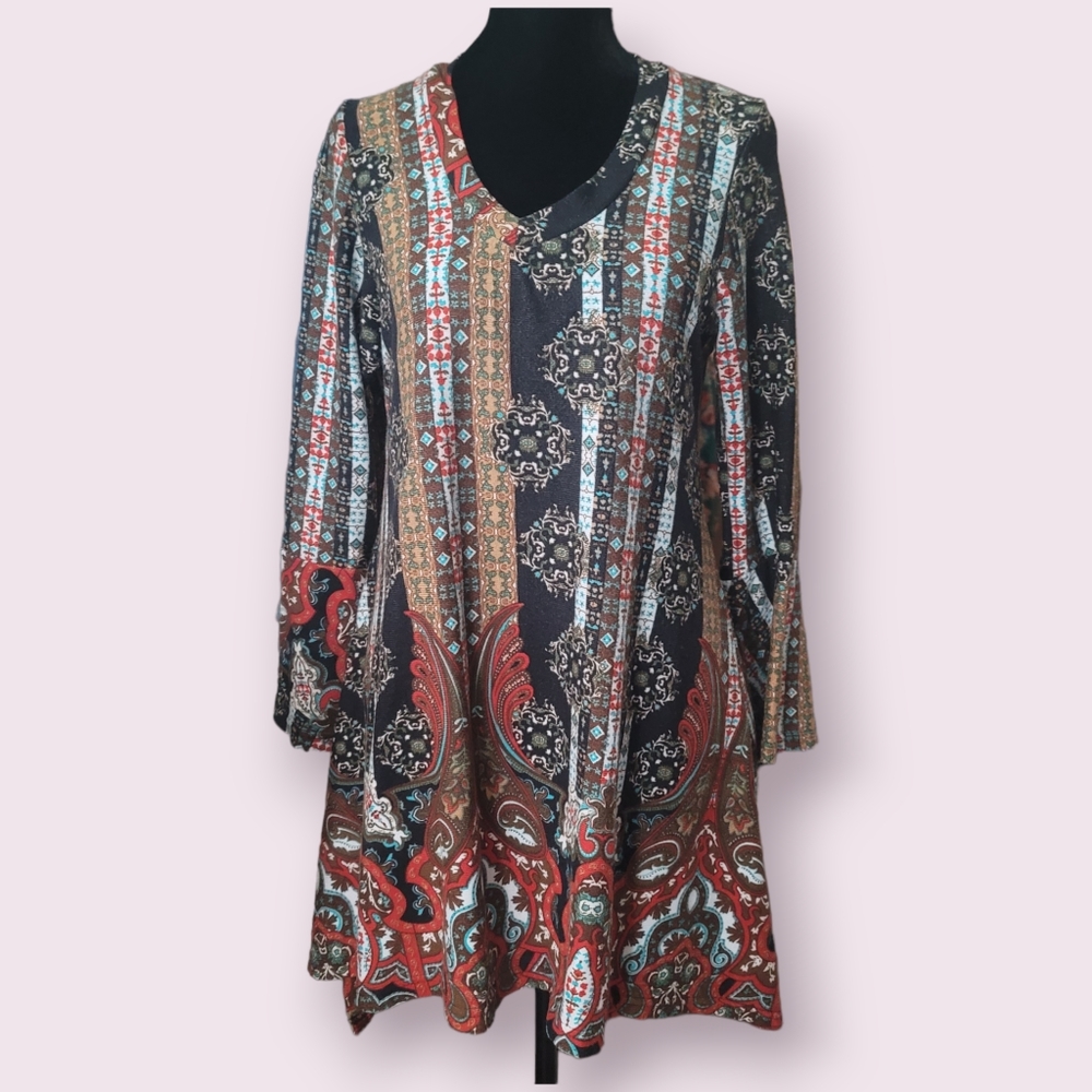 Win Win Tribal Print Flare Bottom Tunic Top S-M WinWin